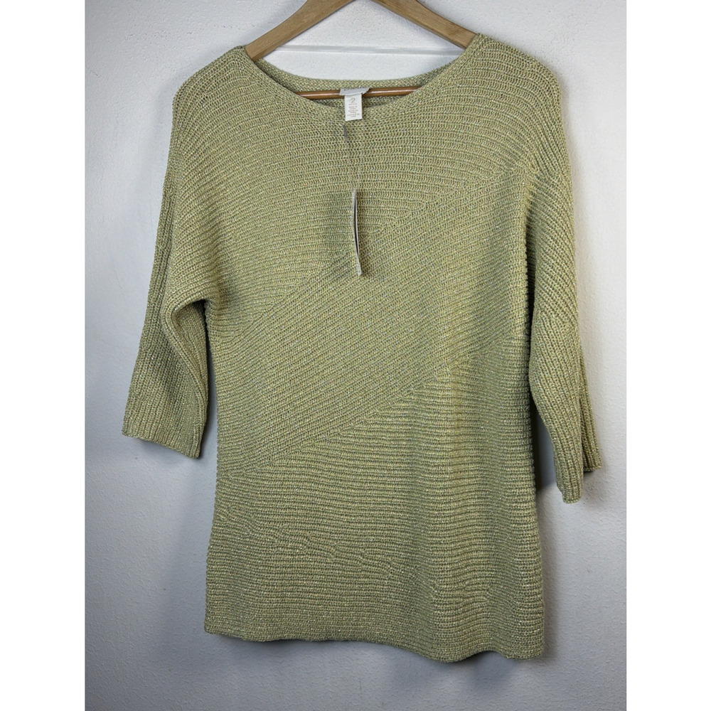 Chico's 2 Large shannon shine Metallic party Sweater Pullover Green festival NWT - Picture 2 of 14